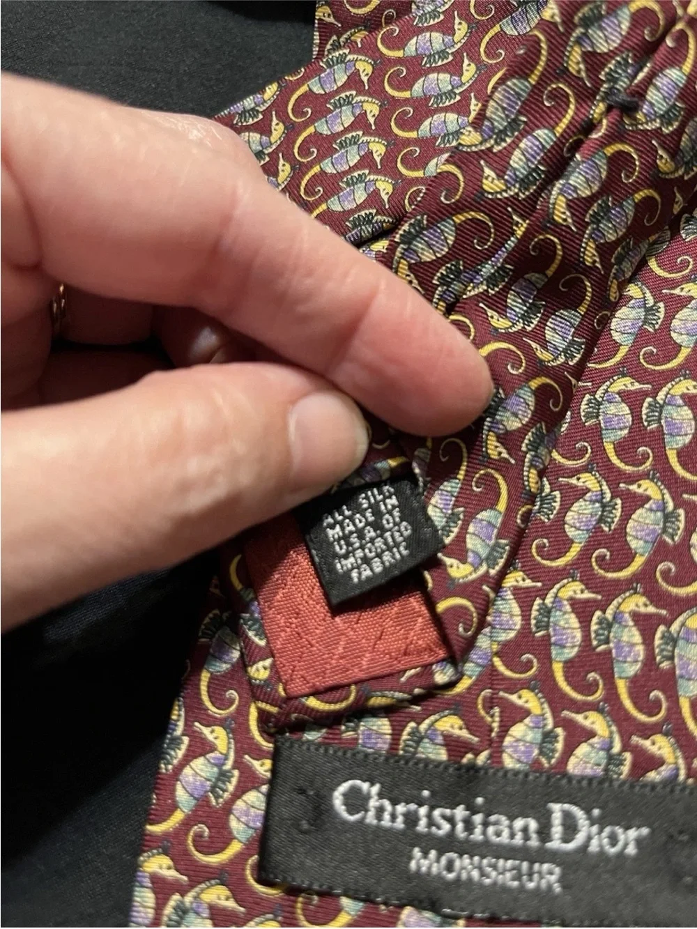 Christian Dior Monsieur Vintage Red Tie Colorful Seahorse Pattern 100% Silk